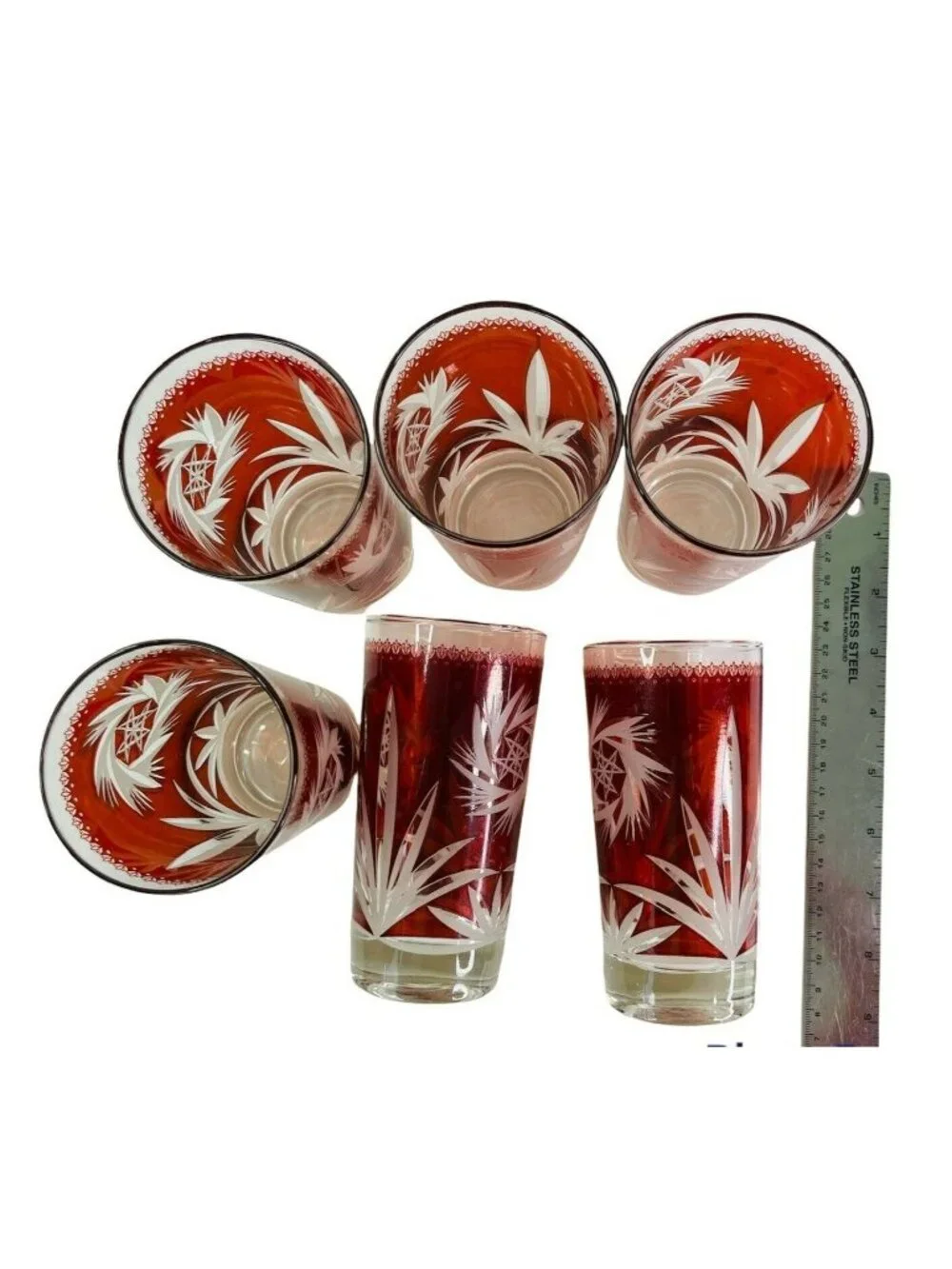 Vintage Dominion Glass Ruby Red Flash Atomic Pinwheel 70s MCM Retro Tumbler Set